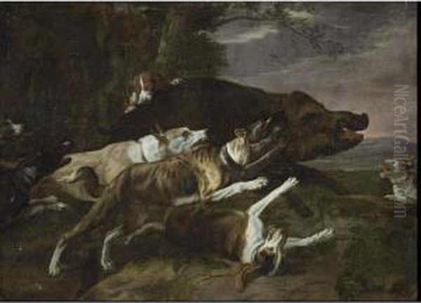 Hounds Assailing A Boar In A Wooded Landscape - view 1