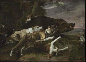 Hounds Assailing A Boar In A Wooded Landscape by Peeter Boel