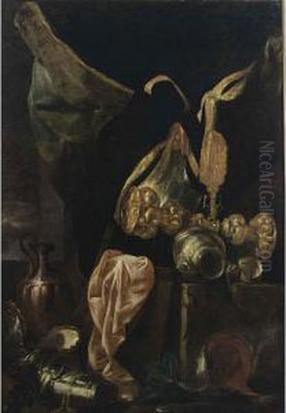A Still Life With Armour, A 
Silver-gilt Cup, A Copper Jug, A Silver Bowl And A Pink Cloth - view 1