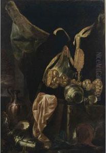 A Still Life With Armour, A 
Silver-gilt Cup, A Copper Jug, A Silver Bowl And A Pink Cloth