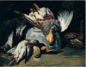 Still Life Of A Partridge, Hawk,
Snipe, Goldfinch And Kingfisher, Together With An Upturned Blue And
White Porcelain Bowl by Peeter Boel