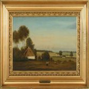 Landscape With Houses, Cattle And Milkmaid by August Vilhelm Boesen