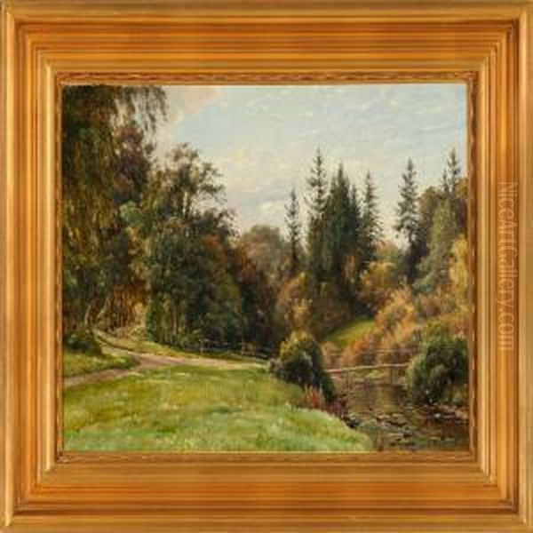 Wood Bridge At A Stream In The Bright Autumn Forest - view 1