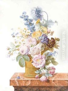 A bouquet of roses, chrysanthemums, auricula, hyacinth, a poppy, harebells and other flowers in a basket on a marble ledge with a butterfly A bouquet of roses, chrysanthemums, auricula, hyacinth, a poppy, harebells and other flowers in a basket on a marble ledge with a butterfly