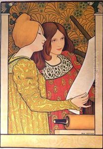 Two girls with a printing press by Paul Berthon