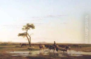 Watering the cattle in a vast landscape by Simon Van Den Berg