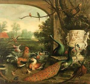 Peacocks, chickens and pheasants by a sculpted vase by Wilfred Williams Ball