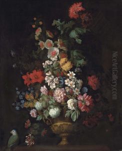 Roses, Lilies, Carnations, Chrysanthemums And Other Flowers In A Bronze Urn On A Ledge by Jakob Bogdani Eperjes C