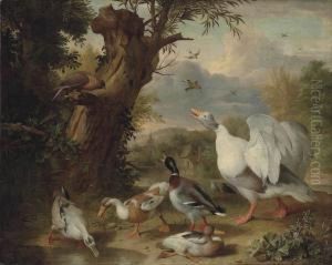Bogdani A Goose, Ducks And A
Raptor By A Pond In A Wooded Landscape, A Farmyard And A Church Beyond by Jakob Bogdani Eperjes C