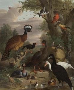 An Assembly Of Birds In A Parkland Landscape, Including A Blue Peacock