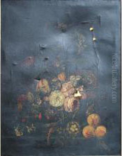 Still Life Of Flowers In A 
Wicker Basket, With Fruit, A Bird's Nest And A Bird On A Ledge - view 1