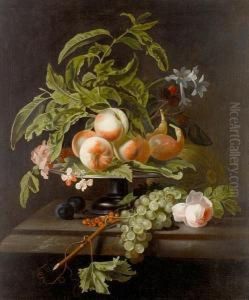 Figs And Peaches On A Pewter 
Tray, With Redcurrants, Grapes And A Rose On The Marble Ledge Beneath