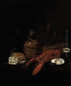 A Lobster, Oysters, A Bread Roll, A Wine Glass And A Glass Jug On Aledge by Jakob Bogdani Eperjes C