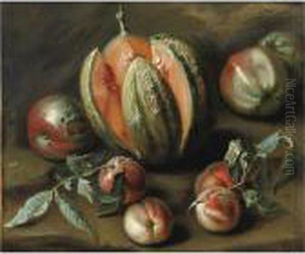 Natura Morta Con Melone, Pomodori, Pesche E Una Mela - view 1