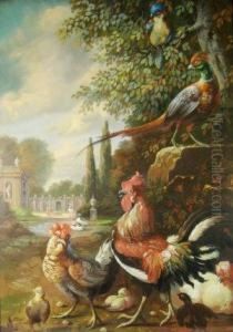 Cockerel And Pheasants In An Ornamental Garden by Jakob Bogdani Eperjes C