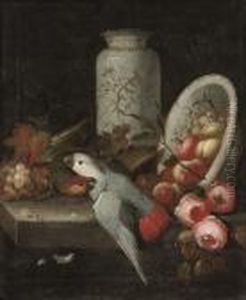 A Pair Of Parrots With Grapes, Roses, Peaches, An Orange And Achina Vase And Bowl by Jakob Bogdani Eperjes C
