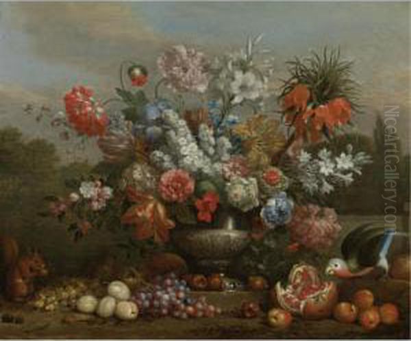 Still Life With Flowers In A
Silver Urn With Fruits, A Squirrel And A Parrot Resting On The Ground
Beside It - view 1