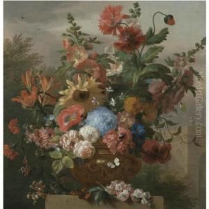A Still Life With A Sunflower, 
Hollyhocks, Lilies, Poppies, Honeysuckle And Other Flowers In A Sculpted
 Stone Vase On A Plinth Before A Classical Pavilion by Jakob Bogdani Eperjes C