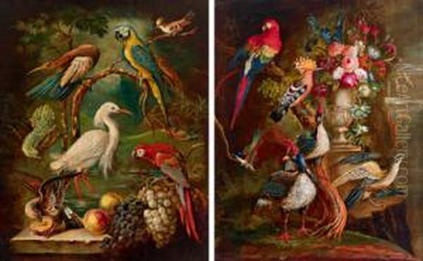Coppia Di Nature Morte Con Uccelli Esotici E Una Composizione Floreale E Frutti - view 1