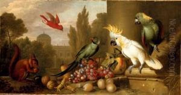 A Cardinal, A Plum-headed 
Parakeet, A Lesser Sulphur-crested Cockatoo, A Yellow-naped Amazon, And A
 Squirrel With Grapes, Apples, Plums And Walnuts In A Ruin, A City 
Beyond - view 1