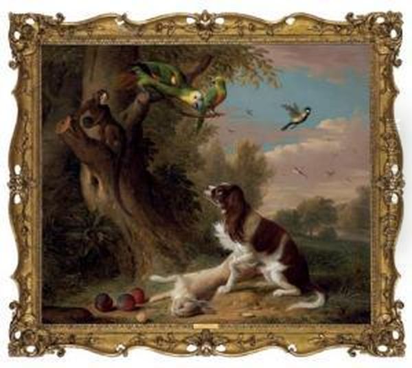 A Spaniel With A Dead Hare In A Landscape, With Parrots And A Monkey In A Tree - view 1