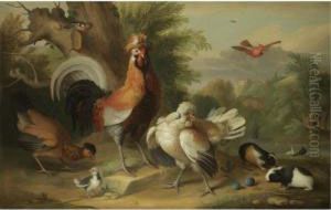 A Cockerel, Chickens And Other Birds With Guinea Pigs In A Landscape by Jakob Bogdani Eperjes C