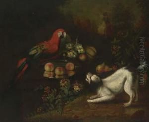 Peaches And Melon On Silver Chargers With A Spaniel Barking At A Parrot, In A Landscape