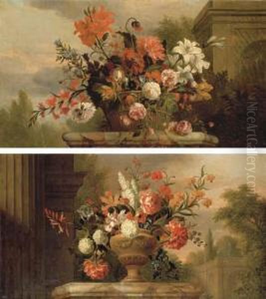 Lilies, Roses, Morning Glory And
 Other Flowers In A Basket On Amarble Plinth, By A Fountain In A Garden;
 And Peonies - view 1