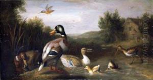 A River Landscape With Fowl Before A Cottage, A Church In The Distance Beyond