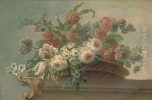Summer Flowers, Including
Tulips, Poppies And Peonies, In A Wickerbasket, On A Stone Ledge by Jakob Bogdani Eperjes C