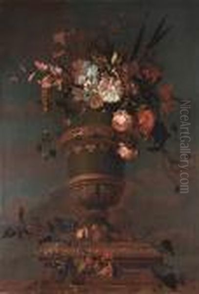 Roses, Tulips, Narcissi And 
Other Flowers In A Vase On A Marble Ledge With Grapes, Cherries, 
Redcurrants And Apples - view 1