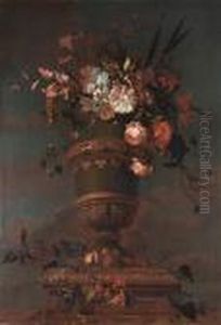Roses, Tulips, Narcissi And
Other Flowers In A Vase On A Marble Ledge With Grapes, Cherries,
Redcurrants And Apples by Jakob Bogdani Eperjes C