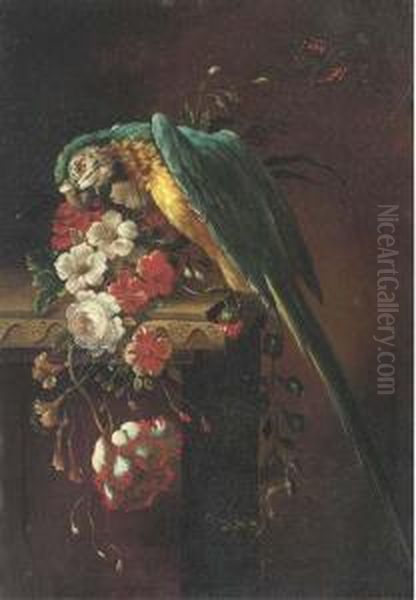 A Macaw On A Stone Ledge, With Poppies, Flowers And A Butterfly Tothe Side - view 1