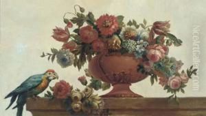 Roses, Tulips, Carnations, 
Morning Glory And Other Flowers In Avase With A Parrot On A Ledge