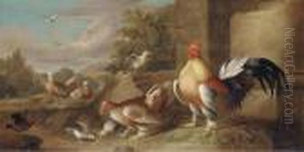 A Rooster, Hen And Other Fowl In An Extensive Landscape - view 1