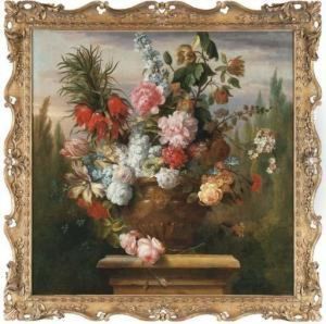 A Crown Imperial Lily, Tulips, 
Peonies, Roses, Morning Glory Andother Flowers In An Sculpted Urn On A 
Plinth In A Garden by Jakob Bogdani Eperjes C