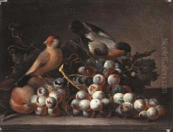 Grapes On The Vine And Peaches With Two Finches On A Ledge - view 1
