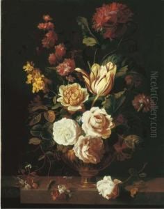 Roses, A Parrot Tulip, 
Carnations, Morning Glory, Honeysuckle And Other Flowers In An Urn On A 
Stone Ledge by Jakob Bogdani Eperjes C