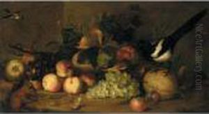 Still Life Of Fruit With A Magpie And A Red Squirrel In A Landscape Setting
