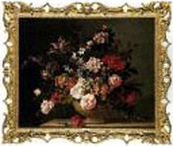 A Still Life With Tulips And Other Flowers In A Stone Vase On A Ledge - view 1