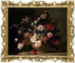 A Still Life With Tulips And Other Flowers In A Stone Vase On A Ledge by Jakob Bogdani Eperjes C