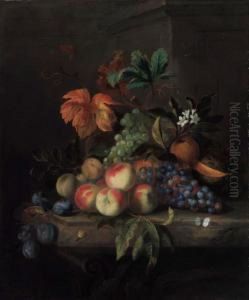 Peaches, Grapes, A Melon, Orange
Blossom With An Orange, Plums, Abutterfly And A Snail, On A Marble
Table by Jakob Bogdani Eperjes C