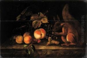 Grapes, Peaches, Red Currants And Hazelnuts With A Squirrel On Aledge by Jakob Bogdani Eperjes C