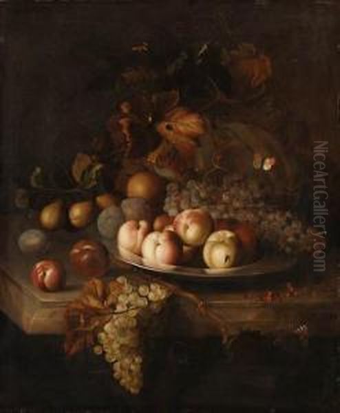 Peaches, Grapes And Plums On A
Pewter Plate, With A Melon, Pears,apples And Red Currants On A Marble
Ledge - view 1
