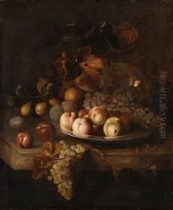 Peaches, Grapes And Plums On A
Pewter Plate, With A Melon, Pears,apples And Red Currants On A Marble
Ledge by Jakob Bogdani Eperjes C