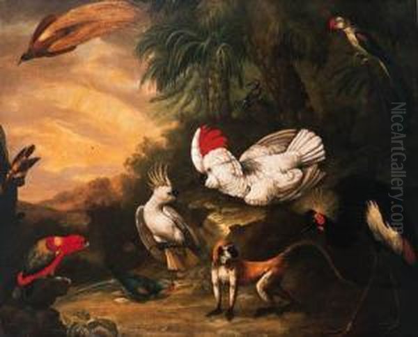 A Bird Of Paradise, A Moluccan 
And A Lesser Sulphar Crestedcockatoo, A Chattering Lory, A Banded 
Parakeet, A Crested Crane Anda Gibbon In A Tropical Landscape - view 1