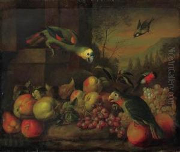 Parrots, A Bullfinch, Apples, Grapes And Oranges And A Greenfinchin A Landscape - view 1