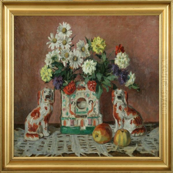 Still Life With Englishstaffordshire Faience Dogs, Flowers In A Vase And Apples - view 1