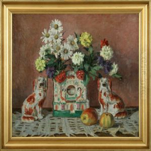 Still Life With Englishstaffordshire Faience Dogs, Flowers In A Vase And Apples by Einar Vilhelm Bogh