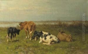 A Polder Landscape With Cows Near The Water by Hermanus Charles Christiaan Bogman